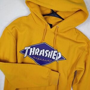 Thrasher Magazine Diamond Logo Hoodie Men Small Yellow Skate Pullover Sweatshirt